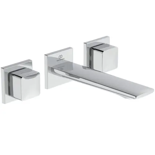 Wand-Waschtischarmatur in Chrom von Ideal Standard mit eckigen Rosetten und einem langen Auslauf. Zwei Steuerknöpfe links und rechts des Auslaufs.